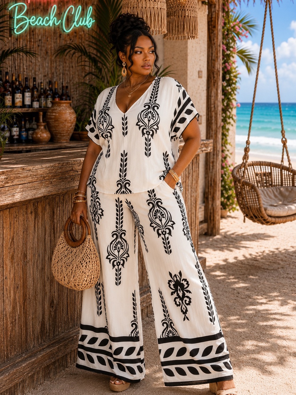 Plus Size Women's Black & White Printed Wide-Leg Pant Set